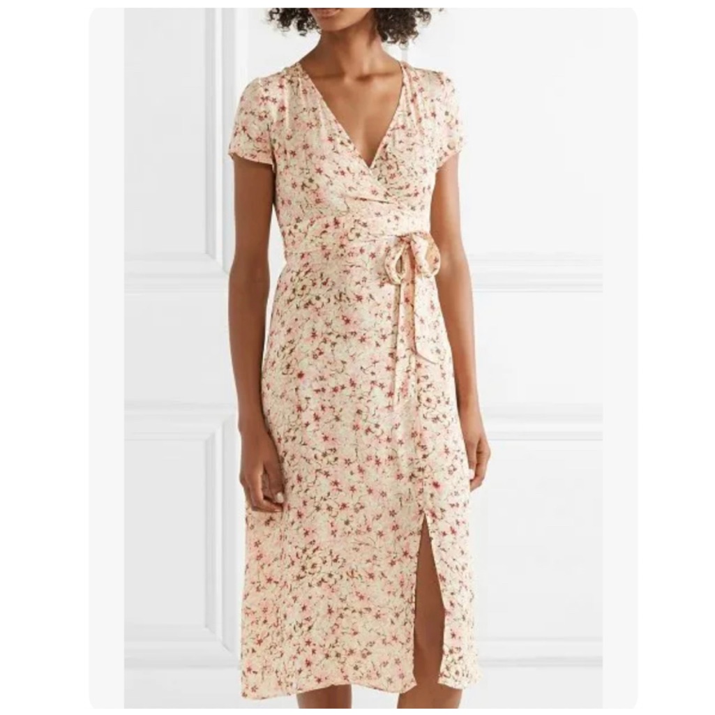 Paloma Blue Siena Surplice Neckline Faux Wrap Floral Silk Coquette Midi Dress